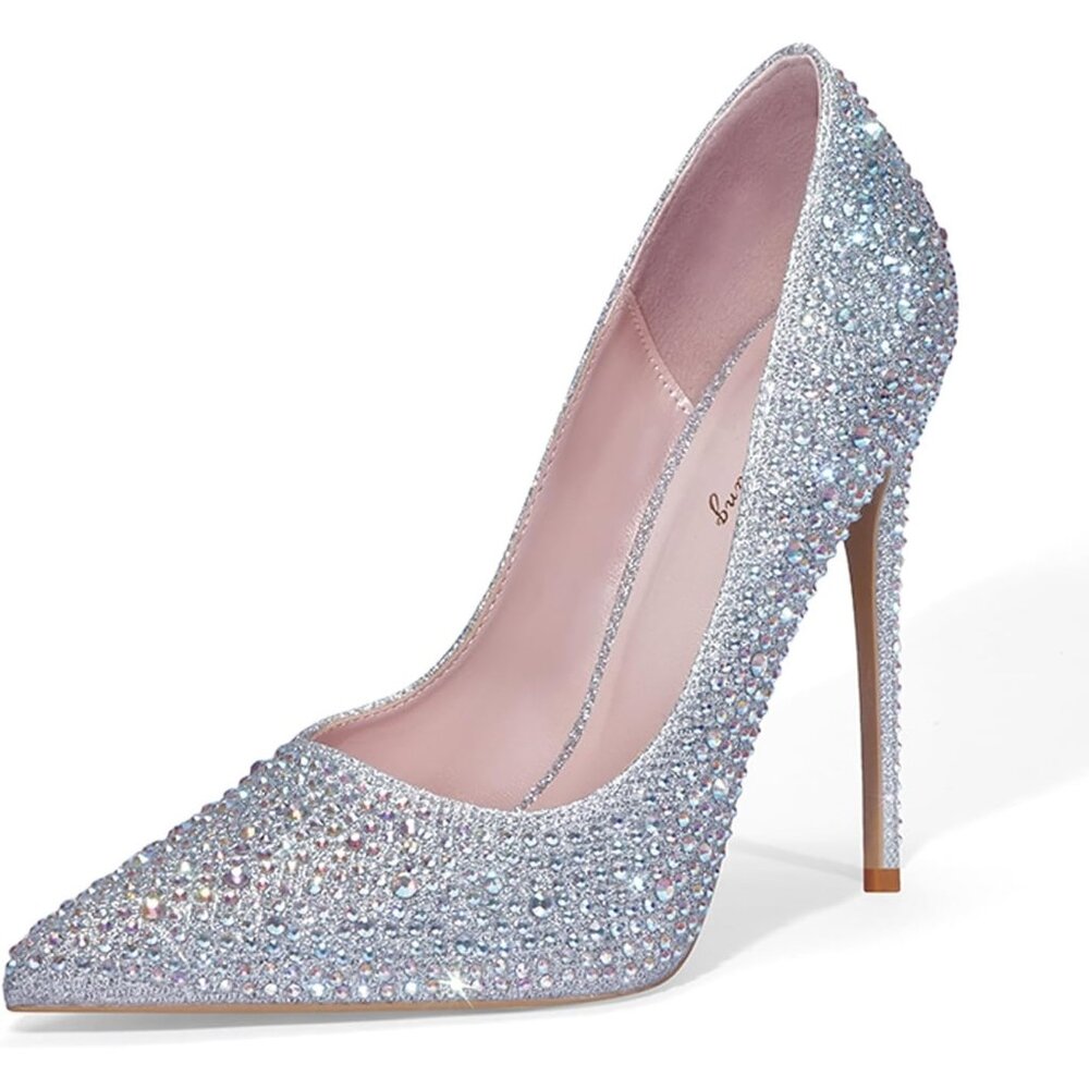Women's Silver Pumps Pointed Toe High Heel Glitter Rhinestone Sparkly Shoes - Picture 3 of 8